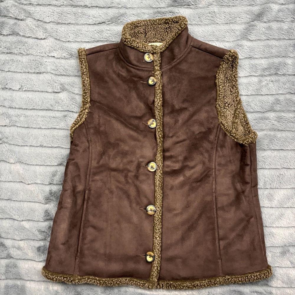 LL Bean Womens Brown Faux Suede Sherpa Lined Button Front Vest 0WL08 Small